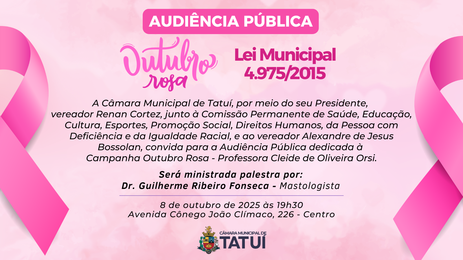 CÂMARA DE TATUÍ REALIZARÁ AUDIÊNCIA PÚBLICA SOBRE O “OUTUBRO ROSA”