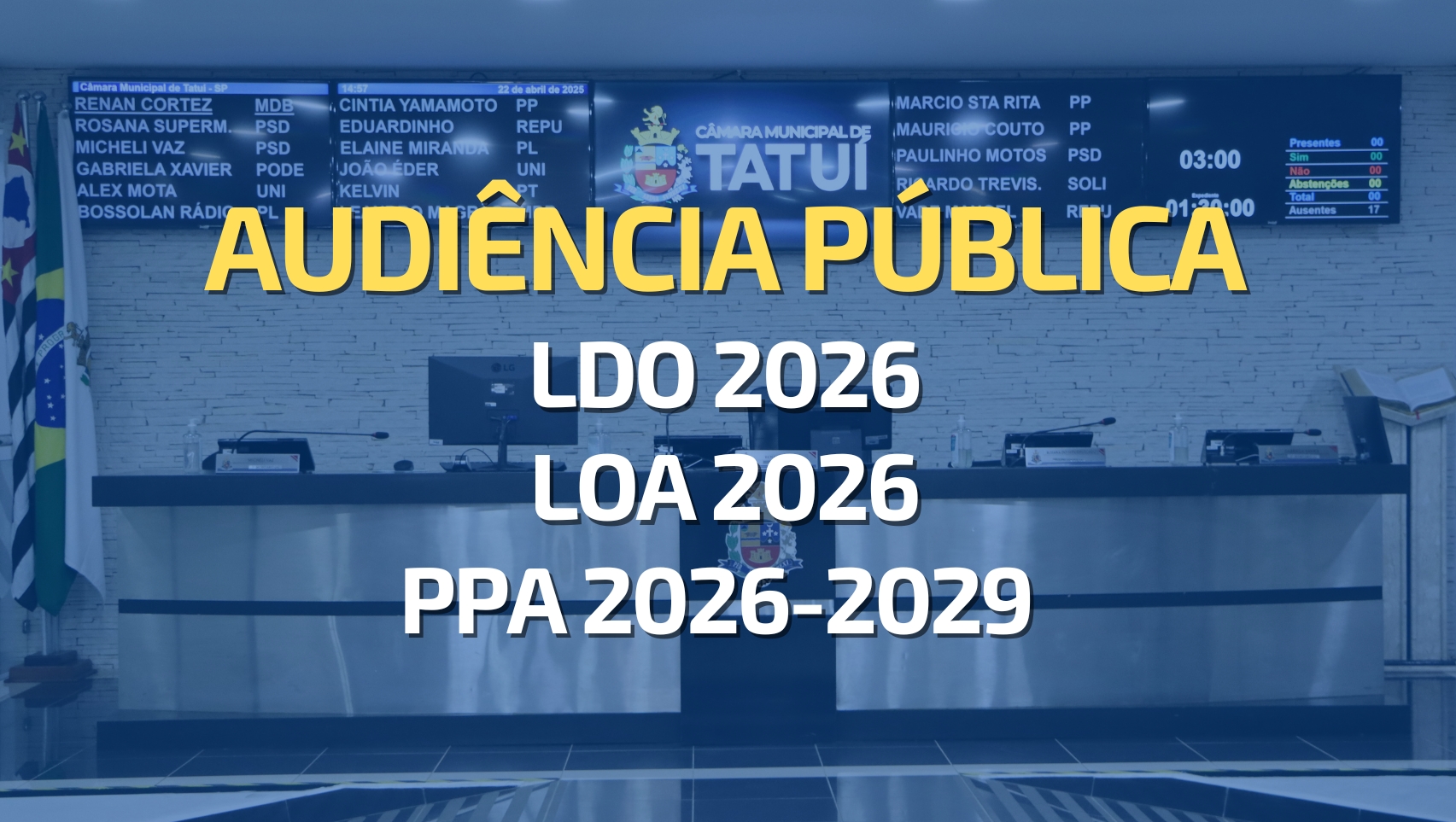 AUDIÊNCIA PÚBLICA NA CÂMARA DE TATUÍ VAI DEBATER A LDO, A LOA E O PPA