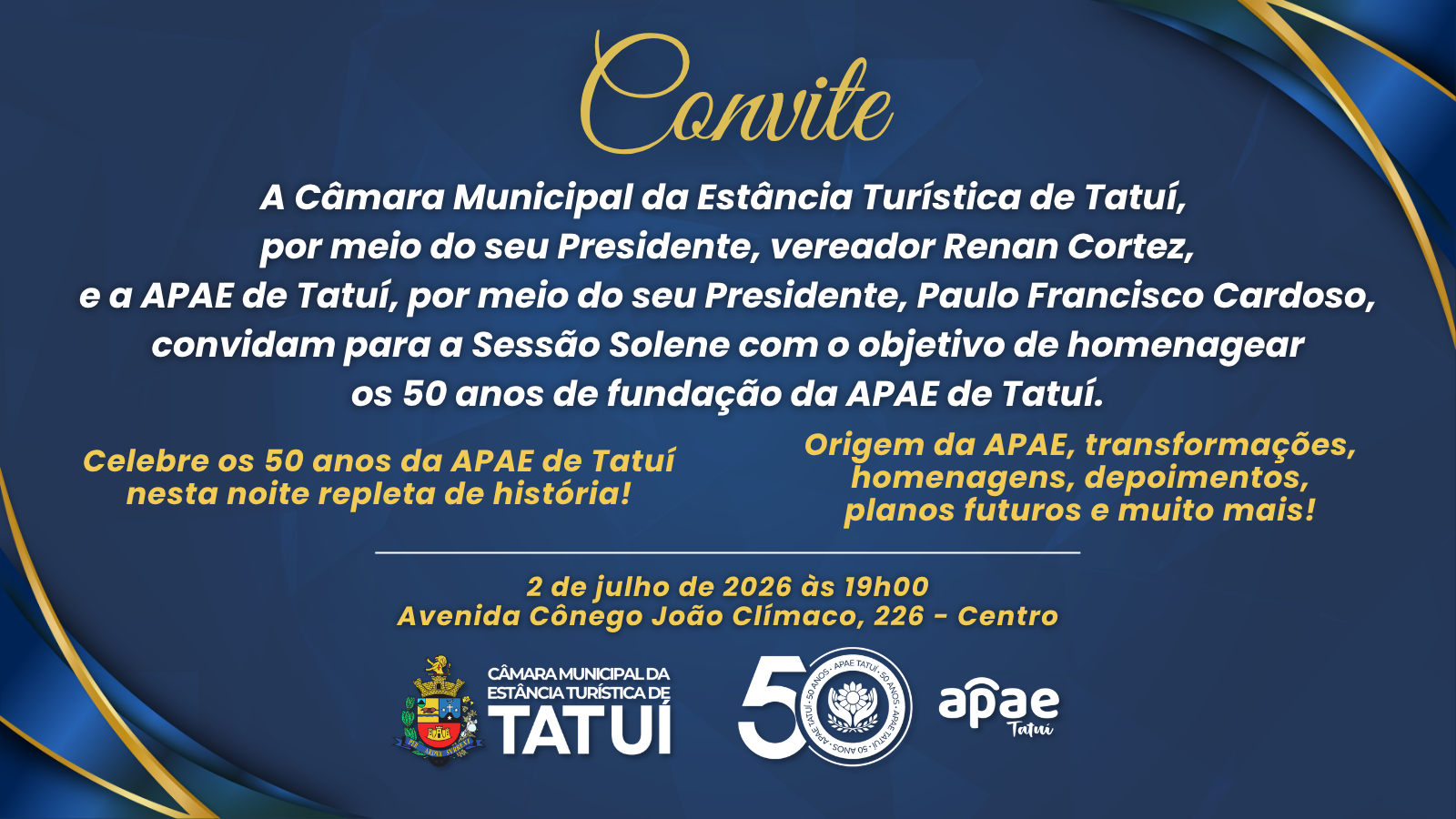 SOLENIDADE NA CÂMARA VAI HOMENAGEAR OS 50 ANOS DA APAE DE TATUÍ