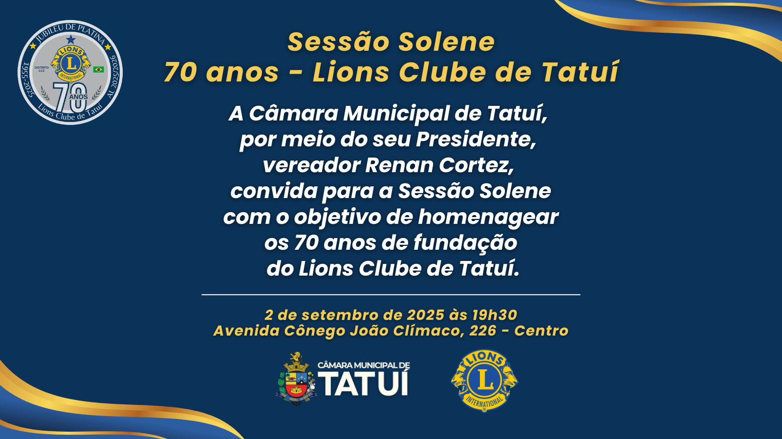 CÂMARA DE TATUÍ REALIZARÁ SOLENIDADE EM HOMENAGEM AOS 70 ANOS DO LIONS CLUBE DE TATUÍ